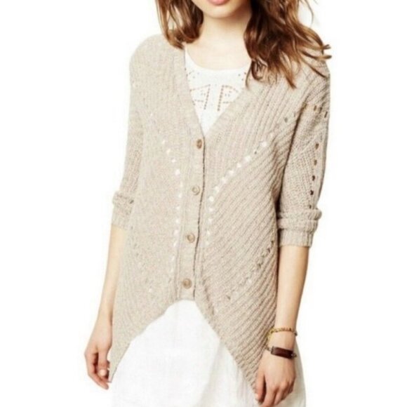 Anthropologie Moth Wool Blend Asymmetric Knit Cardigan Size XS Tan Beige Sweater - Picture 1 of 8